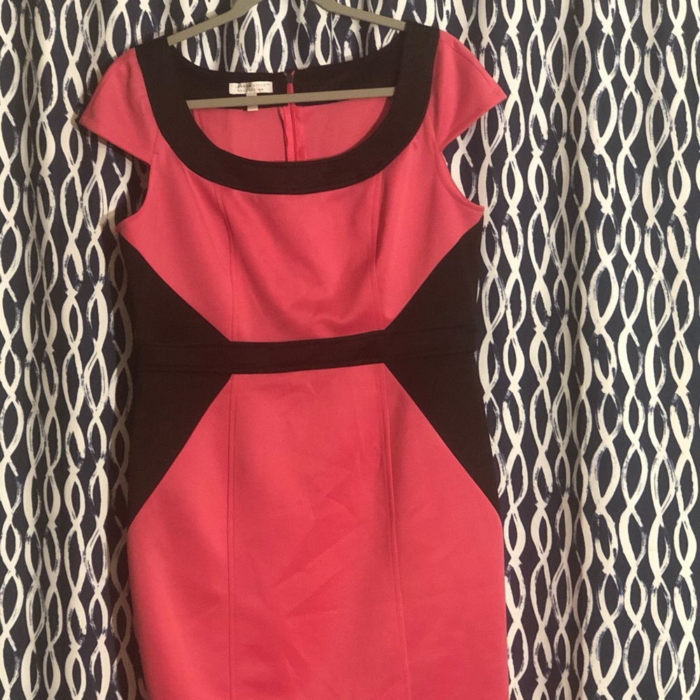 Pink with black accents, knee-length sheath dress